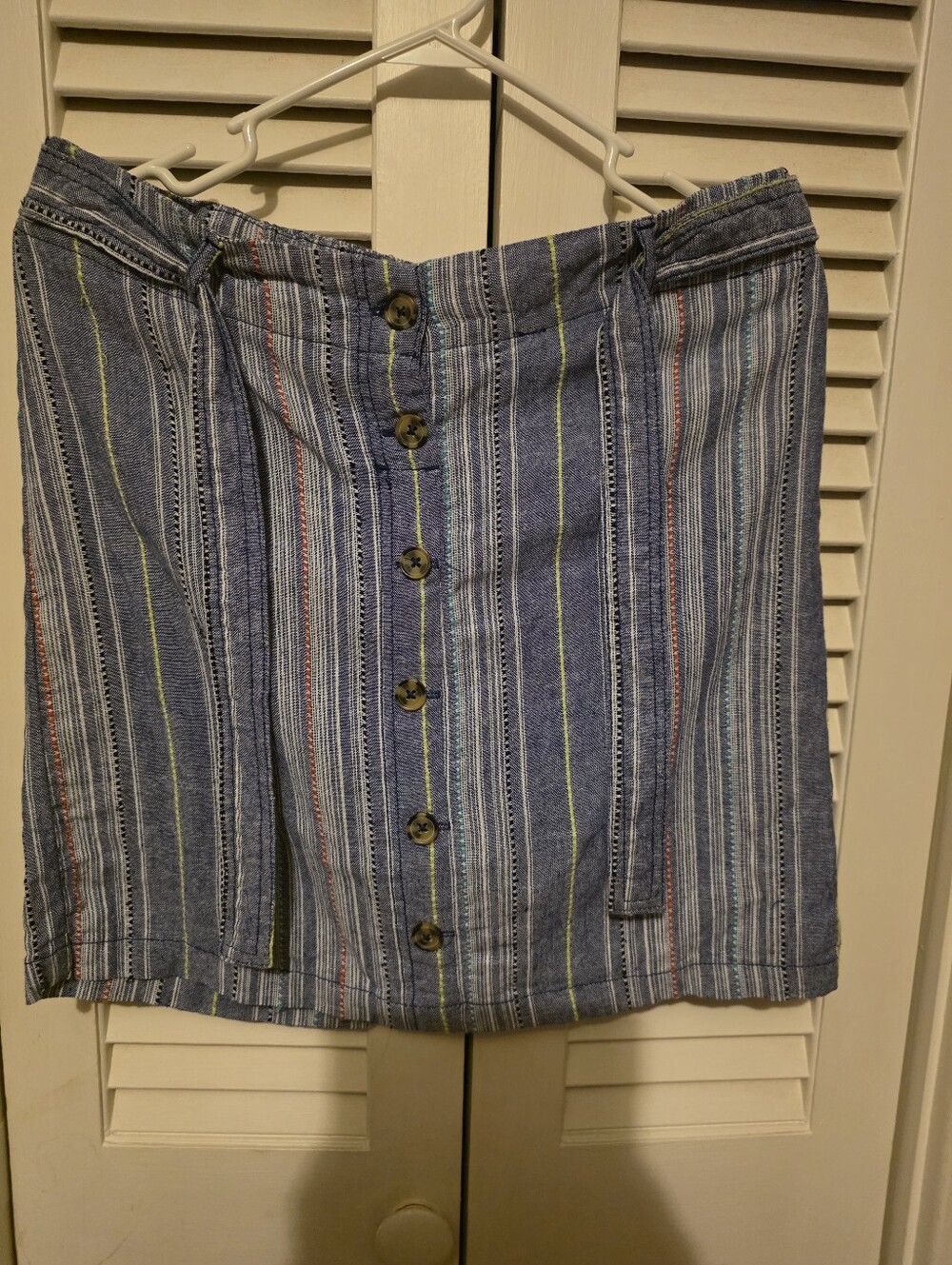 Striped Blue Button And Tie Front Linen Skirt